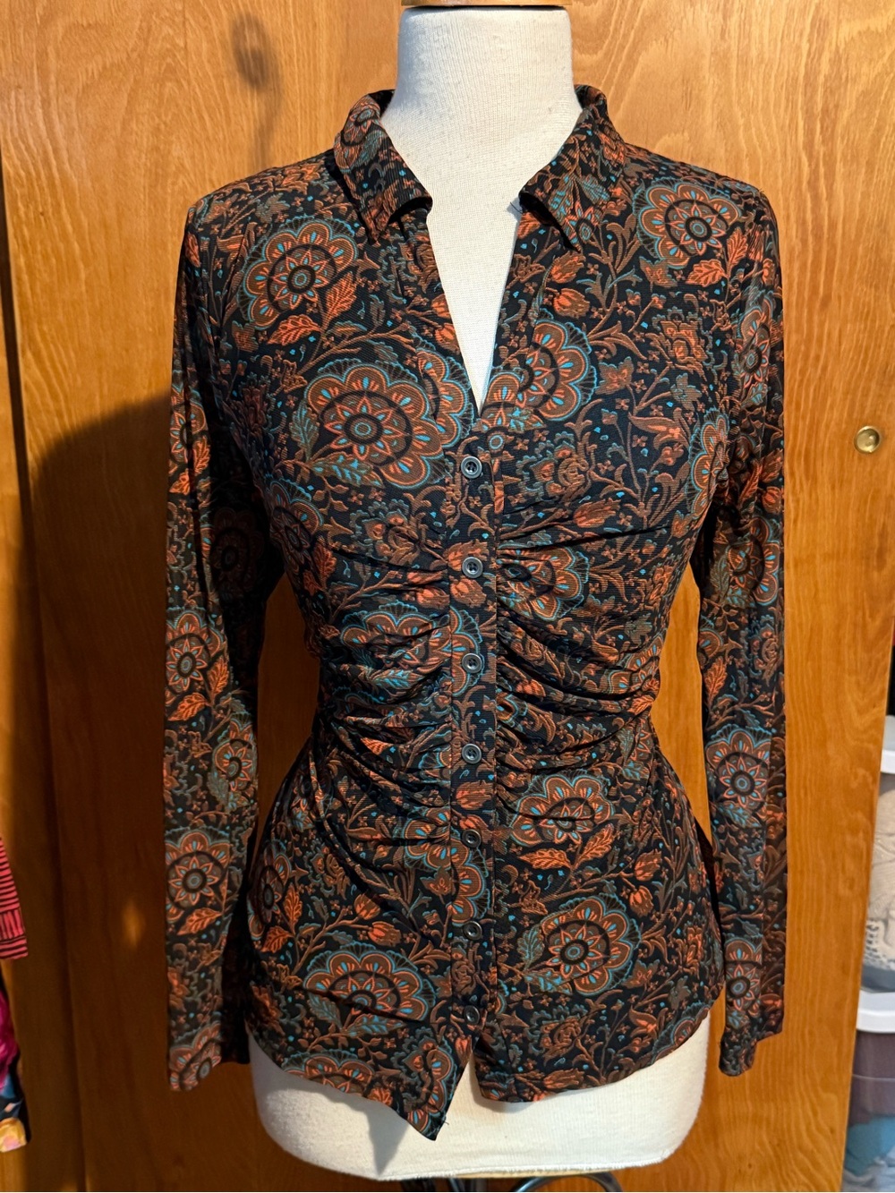 Jane and Delancey Black Button-Front Floral Ruched Top with Rust & Teal Accents